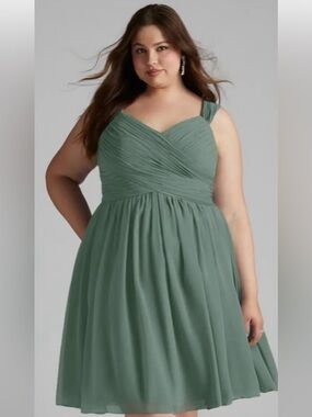 Azazie Plus-Size 18 Sage Green V-Neck Chiffon Dress HPS length 43